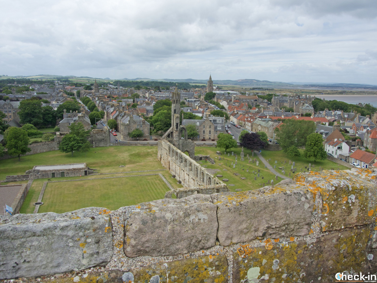 Panoramic view across St Andrews and Fife from St Rule Tower (Scotland east coast)